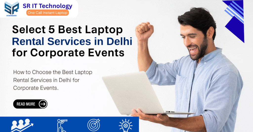Man celebrating success while using a laptop, representing SR IT Technology’s list of the 5 best laptop rental services in Delhi for corporate events. Professional and modern design showcasing reliable laptop rental solutions for businesses and events in India.