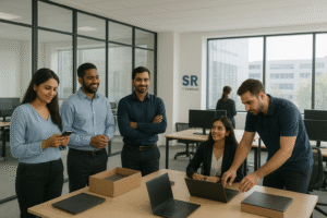 Corporate team working on laptops in a modern office environment — concept of affordable corporate laptop rental for businesses by Srit Technology.