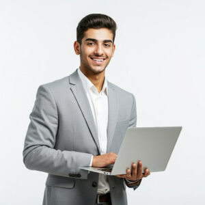 Business professional using a laptop for corporate event planning in Delhi 