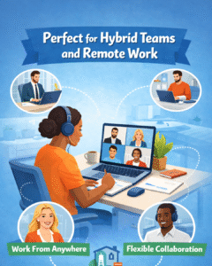 Benefits of renting laptops for business illustrated with a hybrid and remote work team collaborating online using rented laptops, showing flexible work, remote connectivity, and modern business productivity.