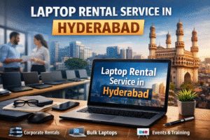 Laptop rental service in Hyderabad showing multiple laptops for corporate rentals, bulk laptop rental, and event training setups.